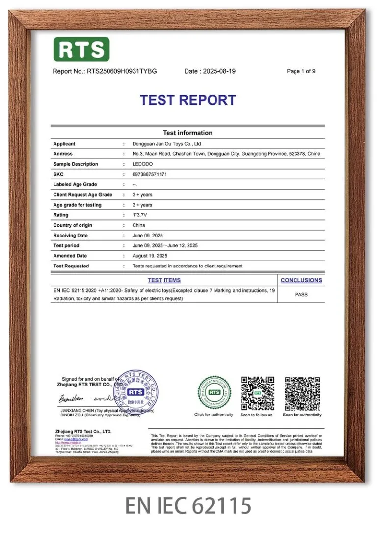 EN IEC 62115 Certificate of Ledodo AI Plush Toys